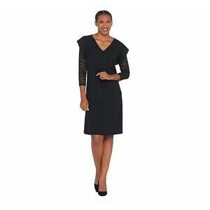 DU‎ JOUR NEW $50 V-Neck Lace Sleeve Knit Dress w/ Ruffle Detail Black Small